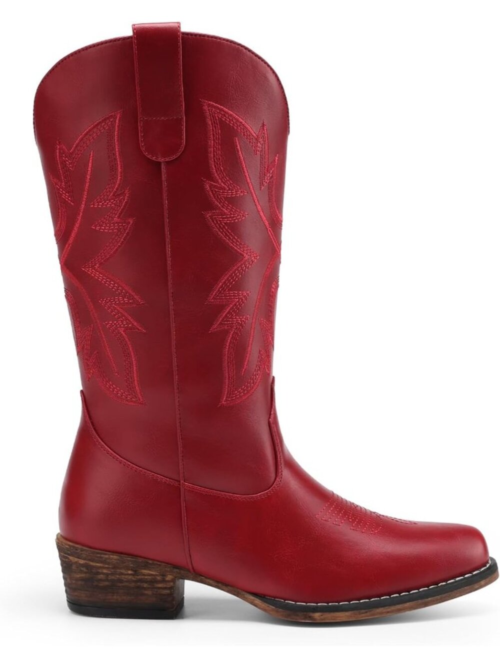 Women Cowgirl Western Mid Calf Red Snip Toe Embroidered Low Chunky Heel Boots - Picture 4 of 7
